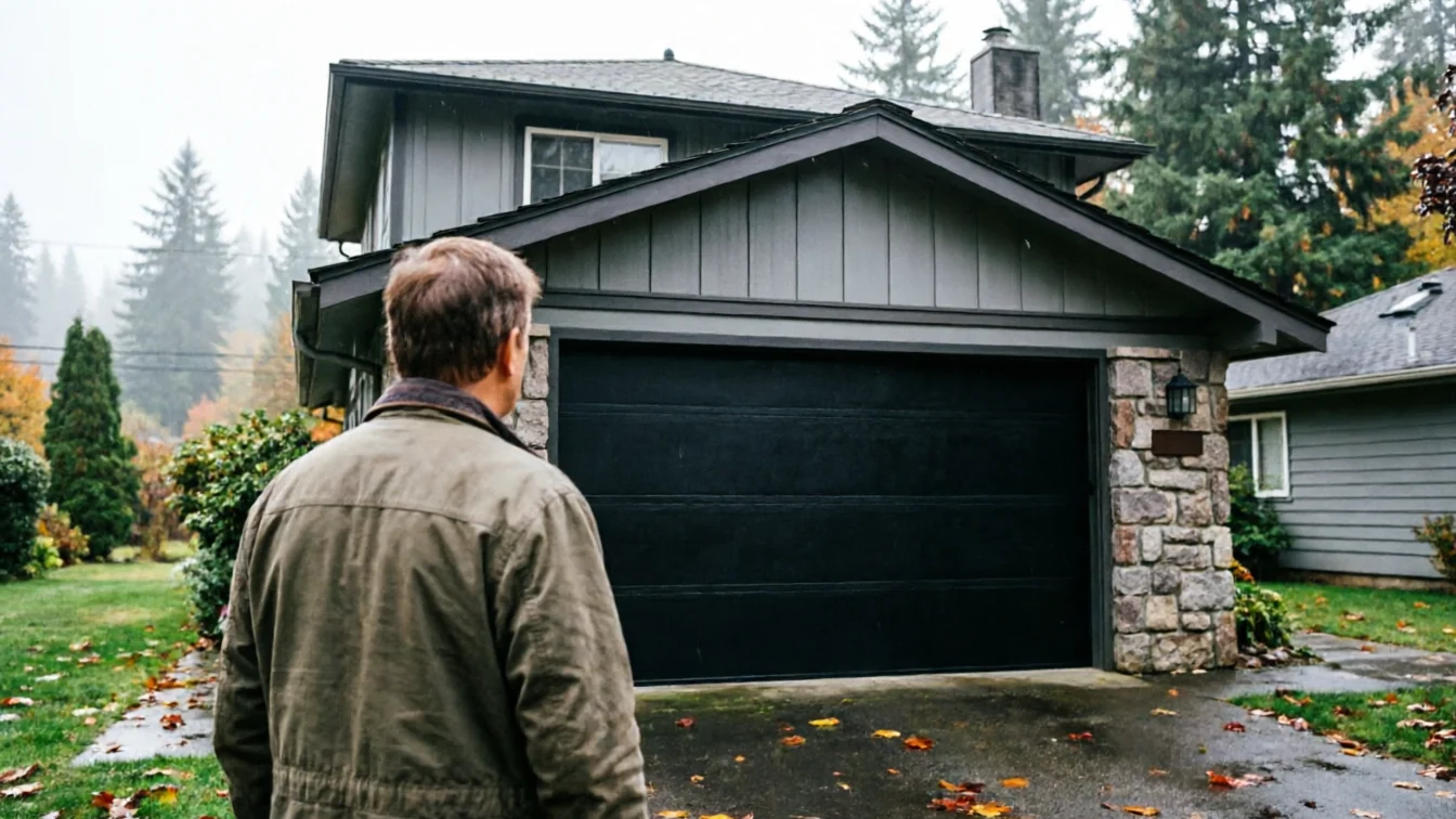 A man stands facing a house with a closed black garage door.