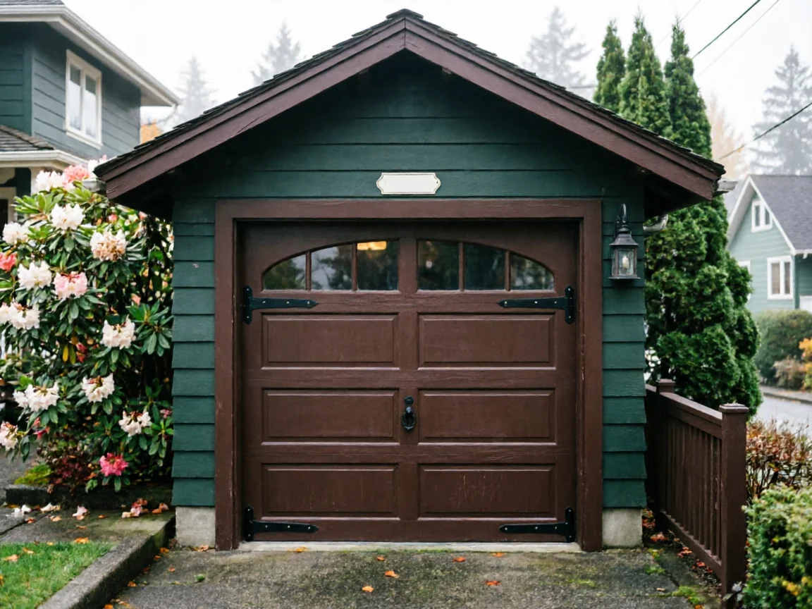 A brown garage door with windows and decorative hinges on a green garage.