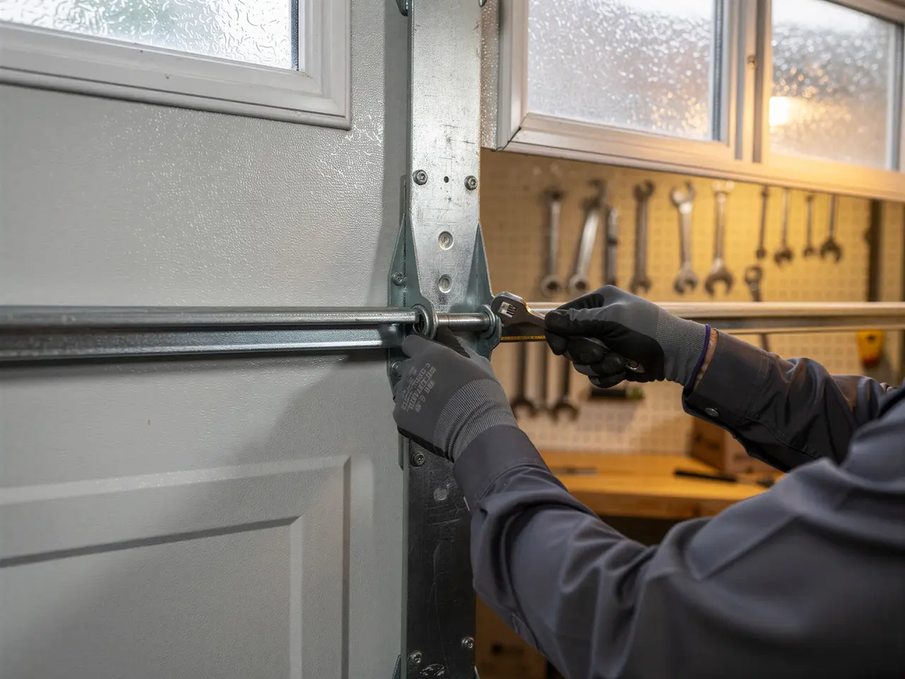 A technician in gloves uses a wrench to adjust a garage door roller.