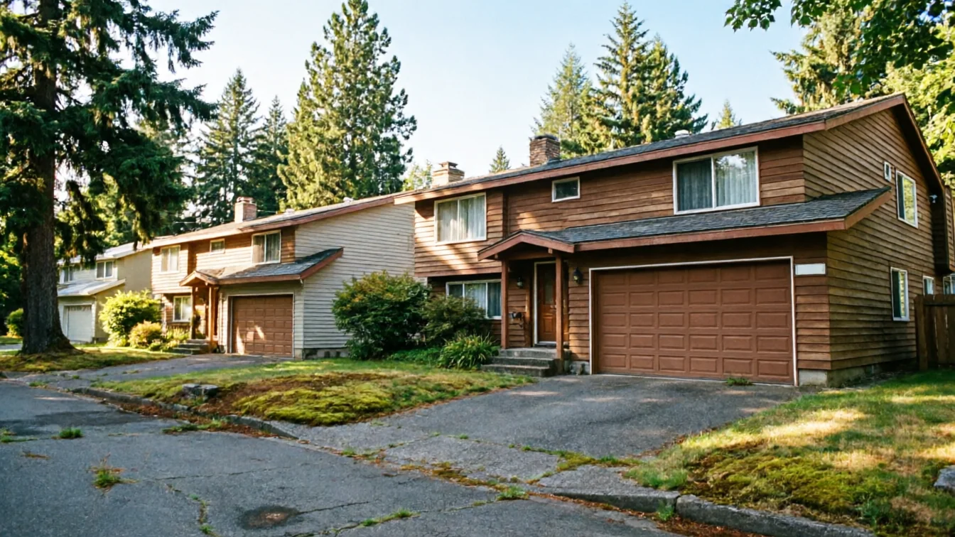 A row of houses with brown and beige siding and brown garage doors.