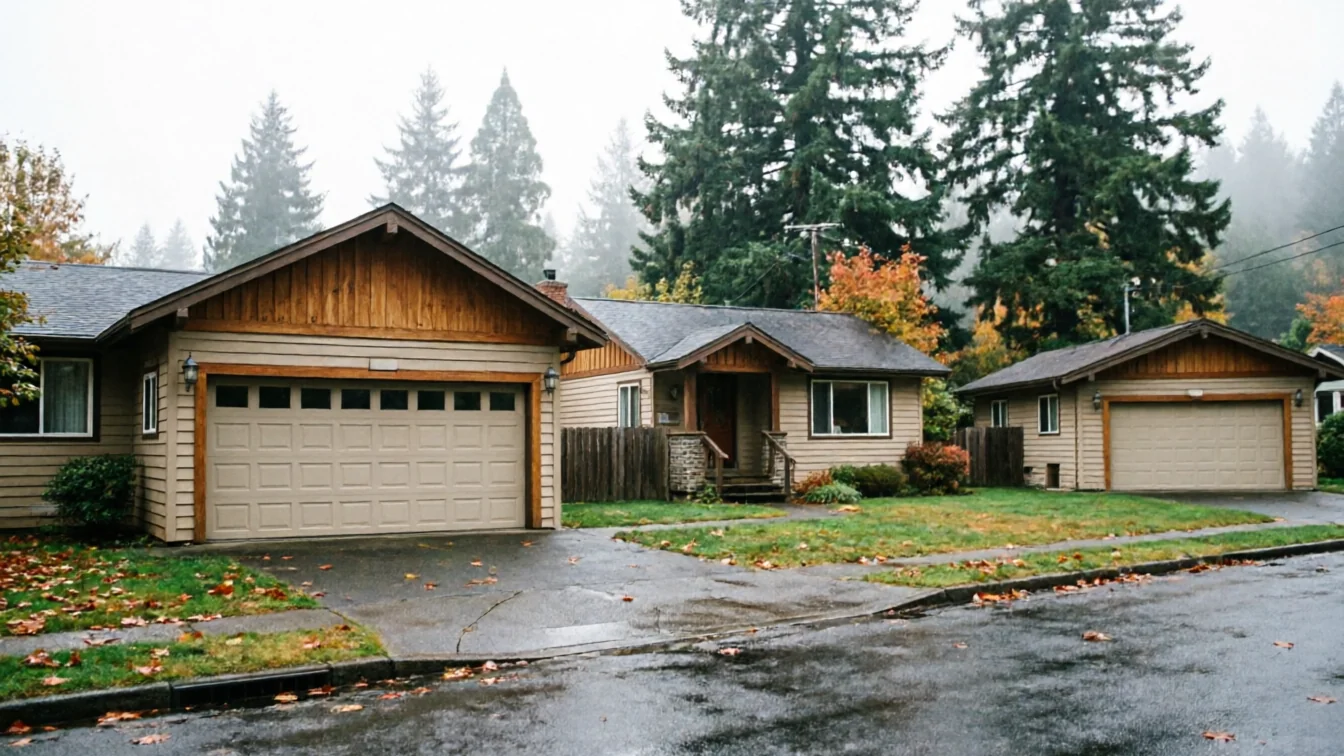 Two houses with tan garage doors and a detached garage with a tan door.