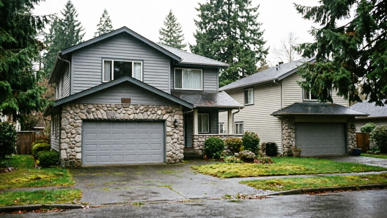 Two houses with gray garage doors are visible from the street.