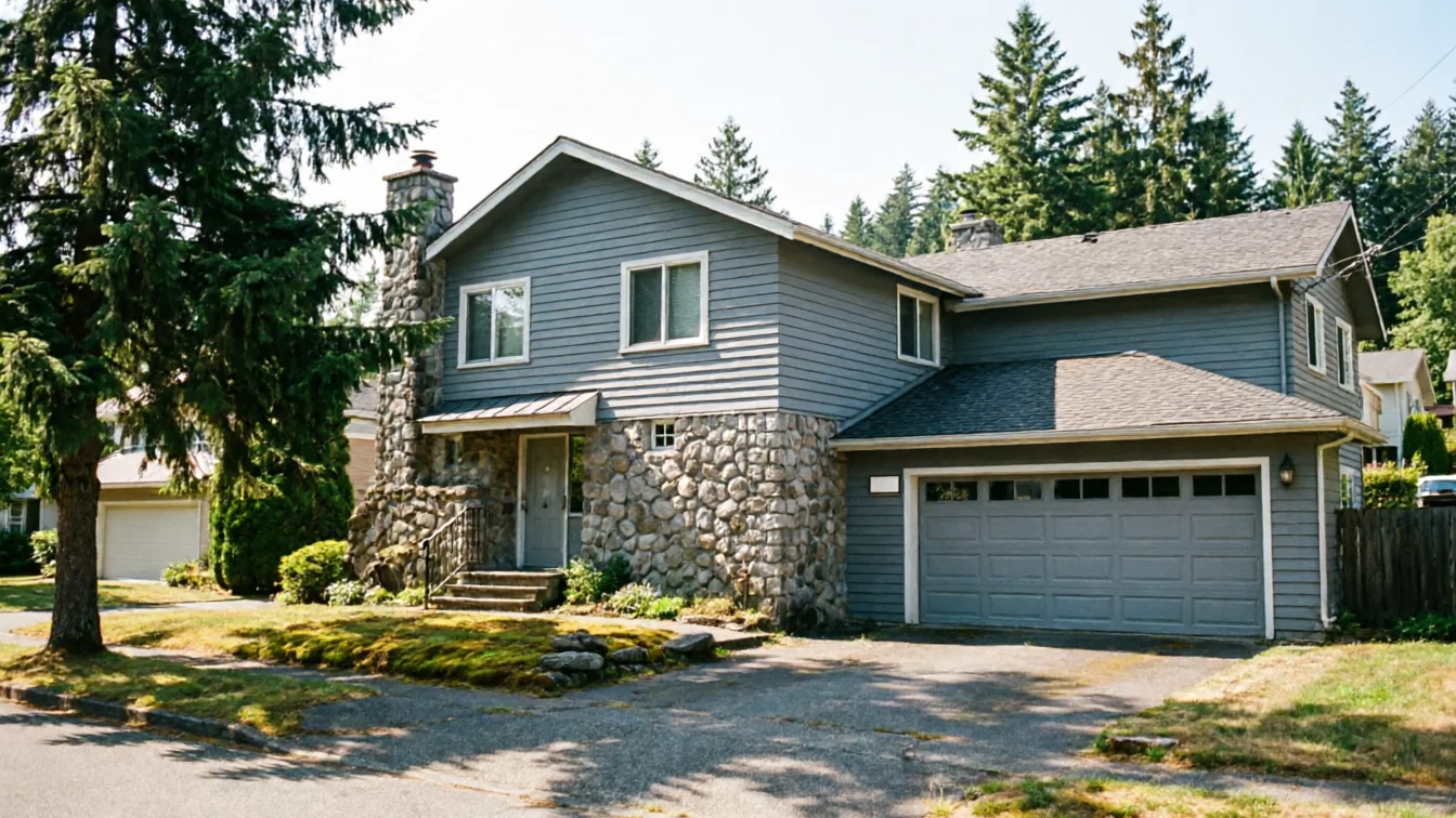 A gray house with a gray garage door and stone facade.