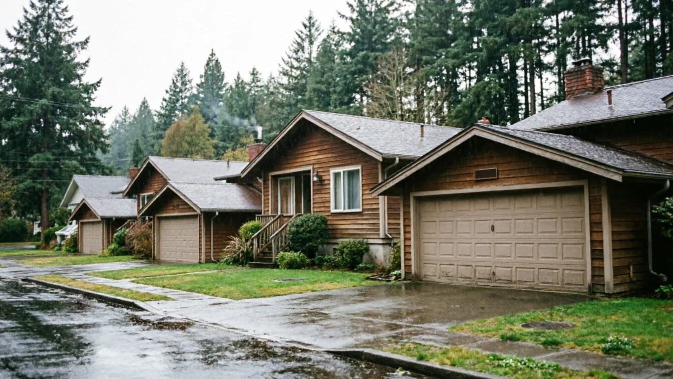A row of brown houses with tan garage doors on a rainy day.
