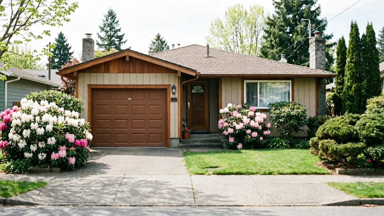 A brown garage door is on a beige house with flowering bushes and a green lawn.