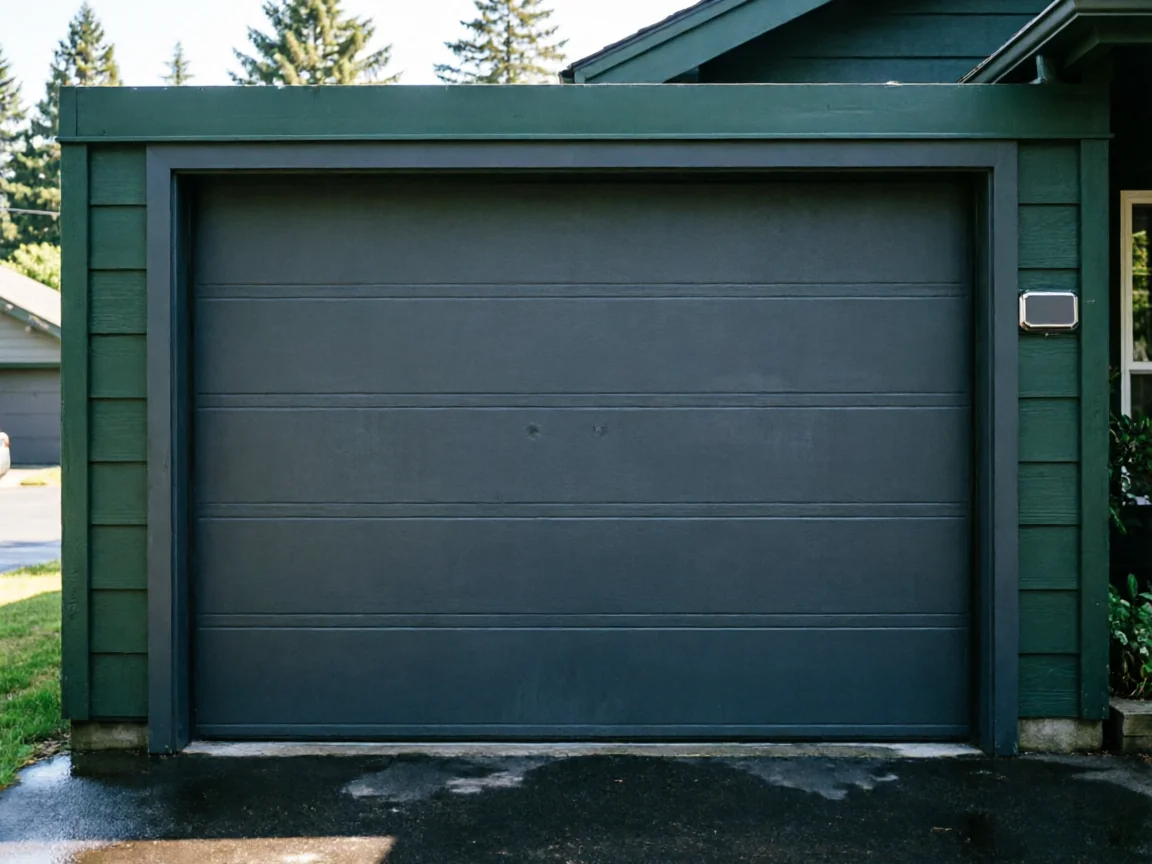 A dark gray garage door is set into a green house with green trim.