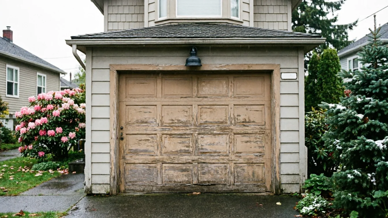 The weathered wooden garage door has peeling paint and a light fixture above it.