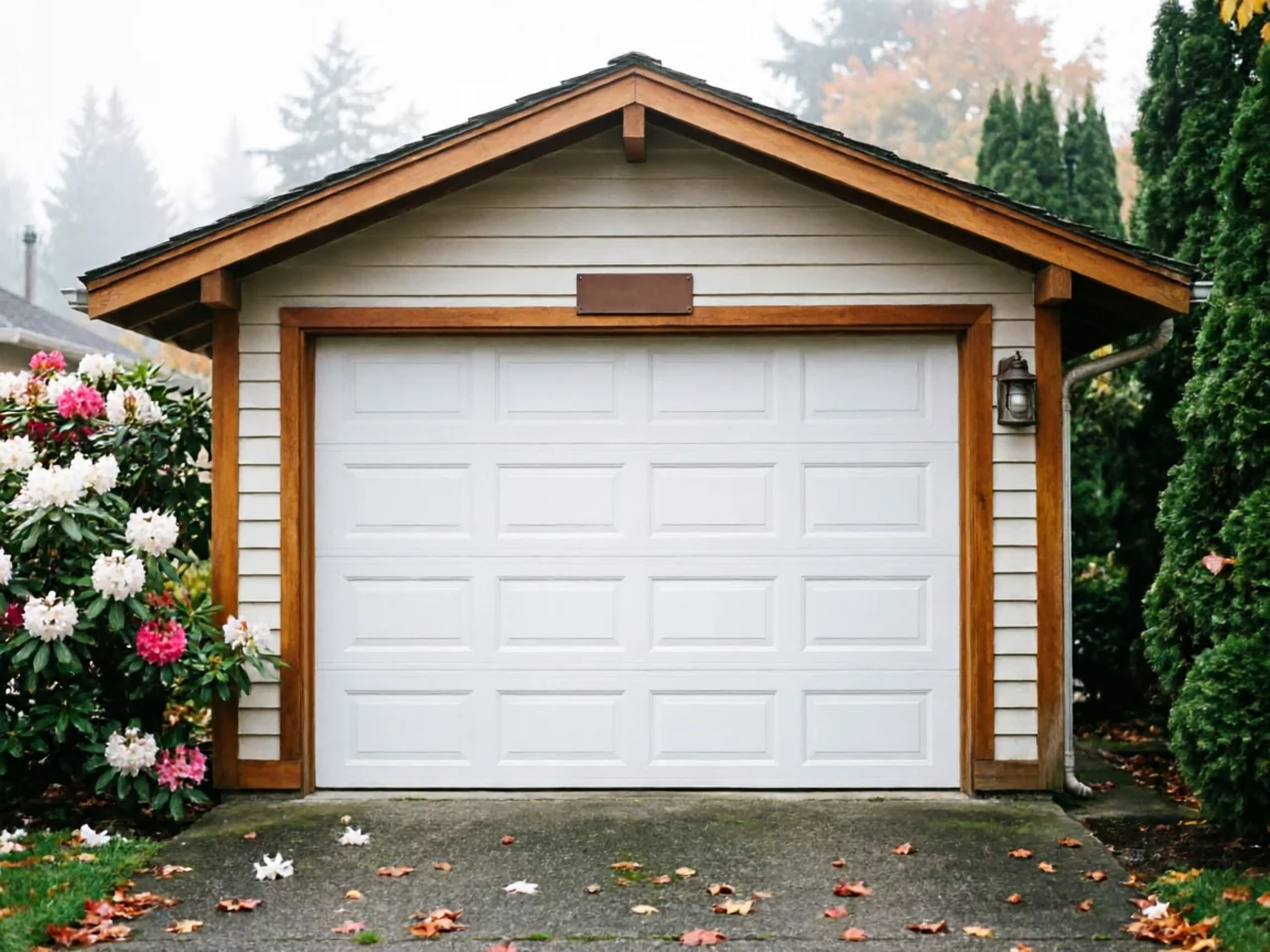 A white garage door with wood trim, a light, and flowering bushes.