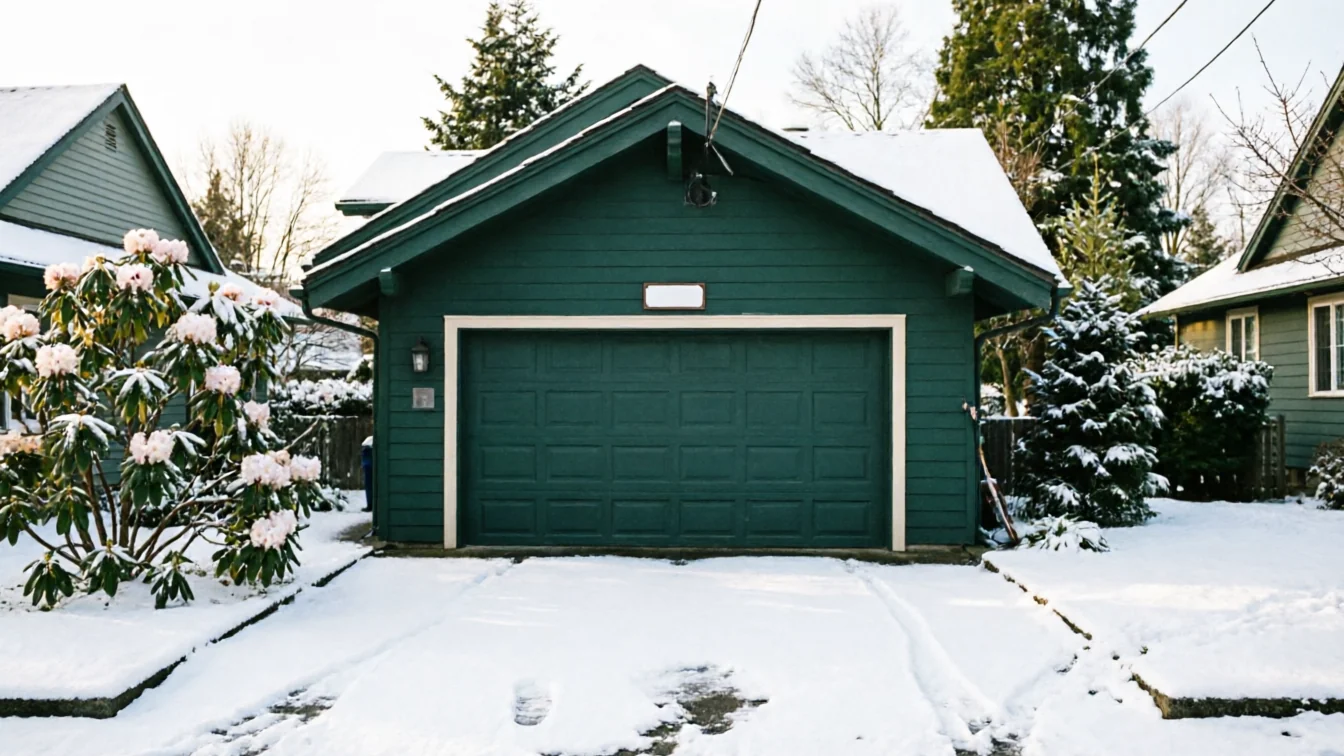 A dark green garage door on a house with snow on the roof and ground.