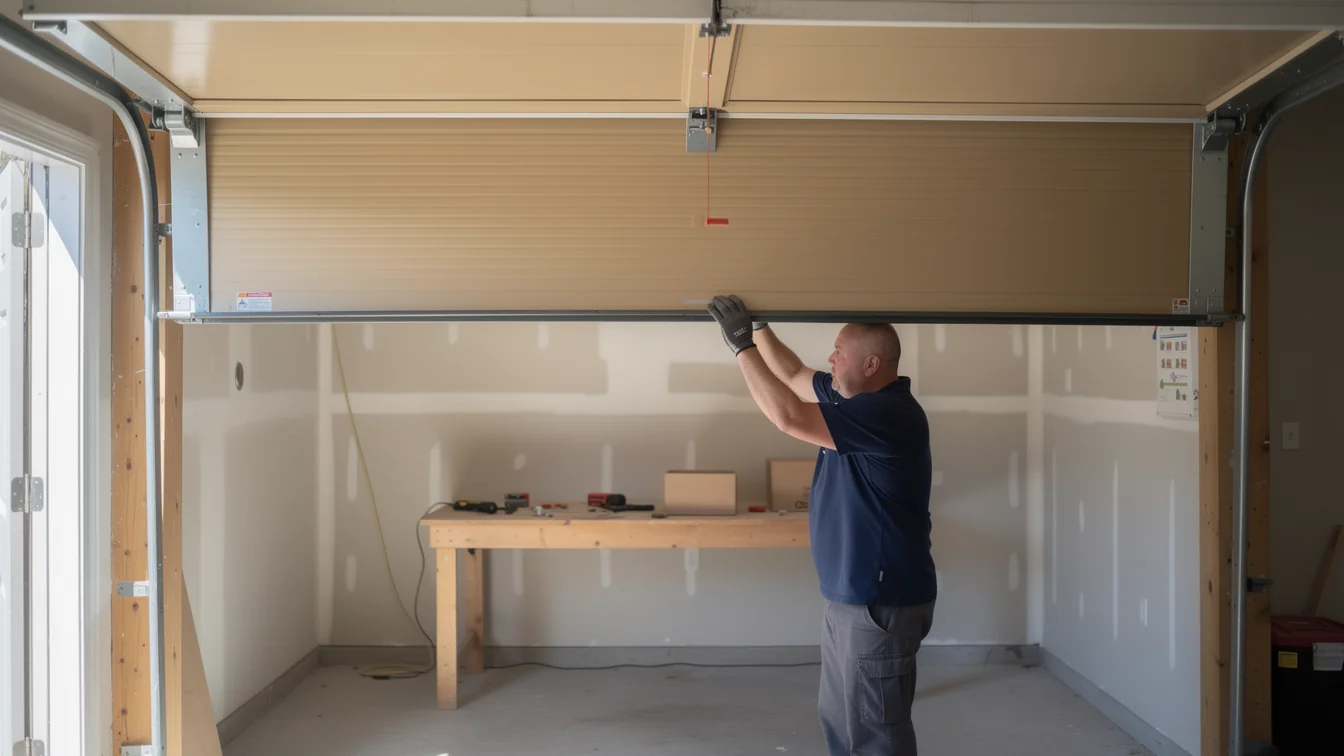 A technician in gloves is installing a tan garage door inside a garage.
